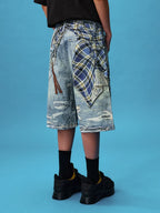 YADcrew Plaid Shirt Chain Photorealistic Print Denim Shorts