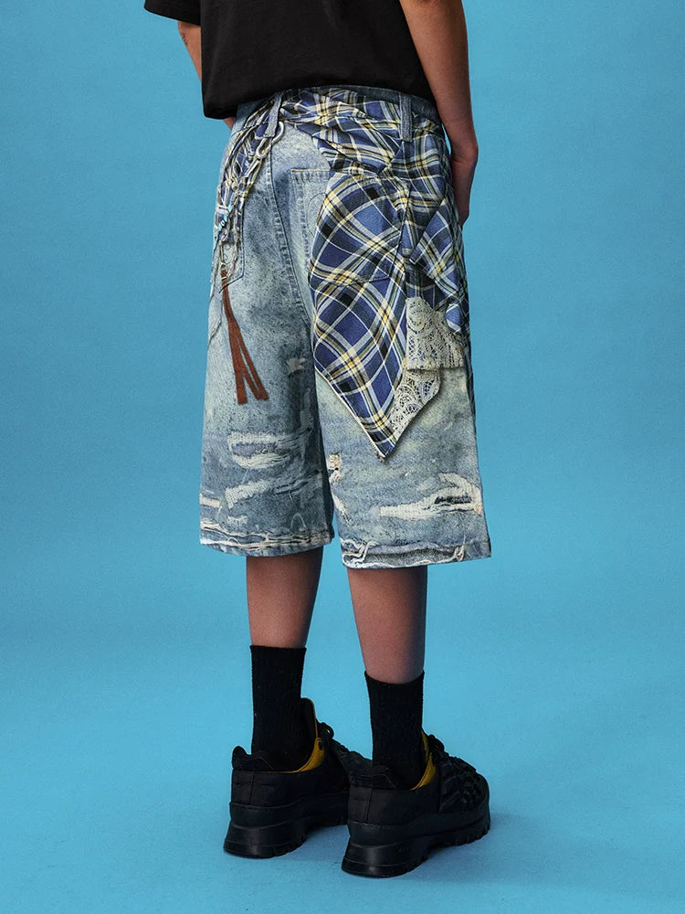 YADcrew Plaid Shirt Chain Photorealistic Print Denim Shorts