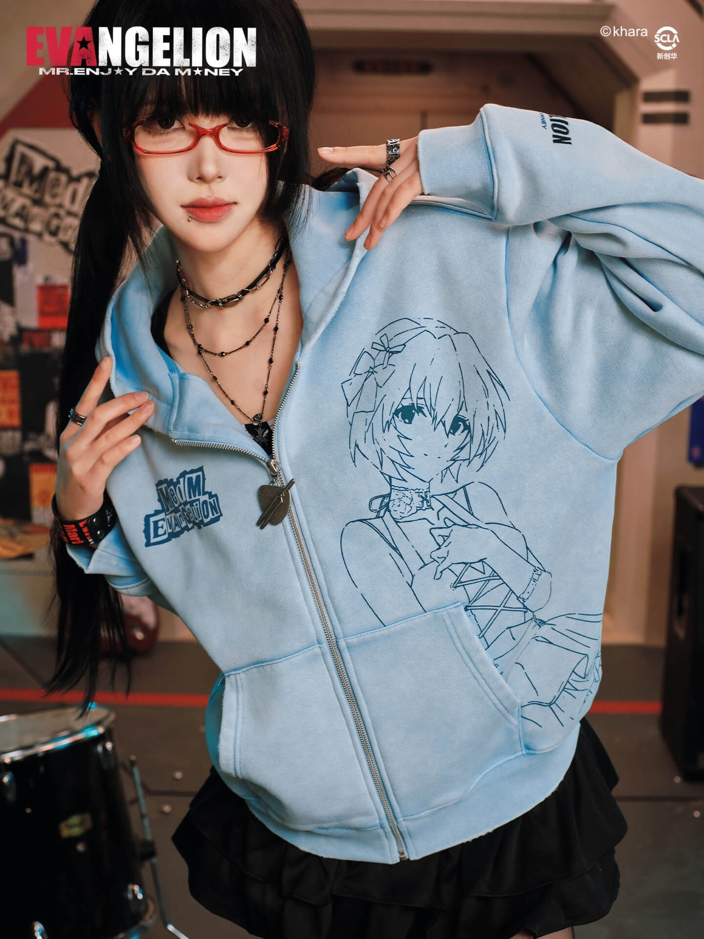 MEDM x EVA NEVER END Character Print Distressed Washed Zip Up Hoodie