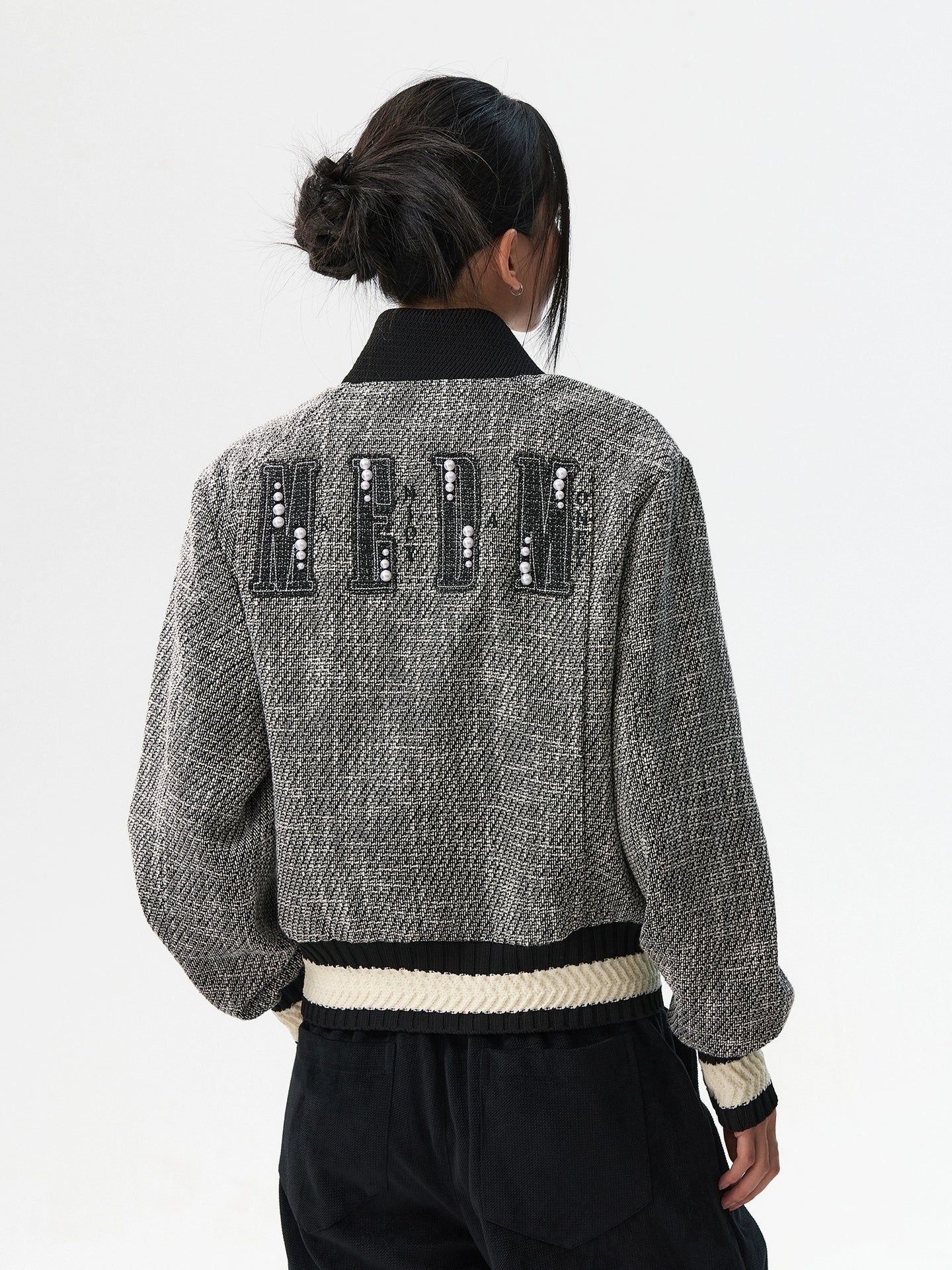 MEDM Pearl Tweed Short Varsity Jacket
