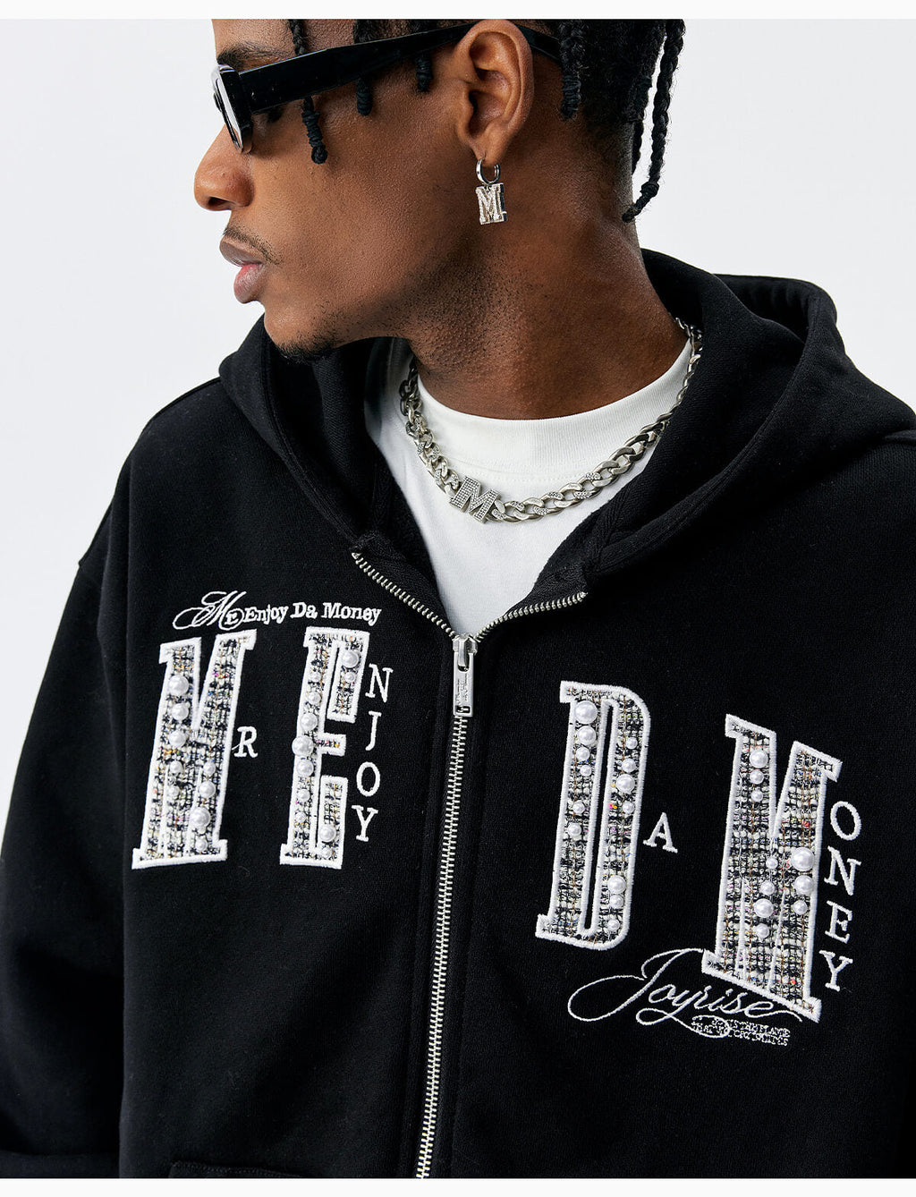 MEDM Pearl Logo Embellished Zip Up Hoodie