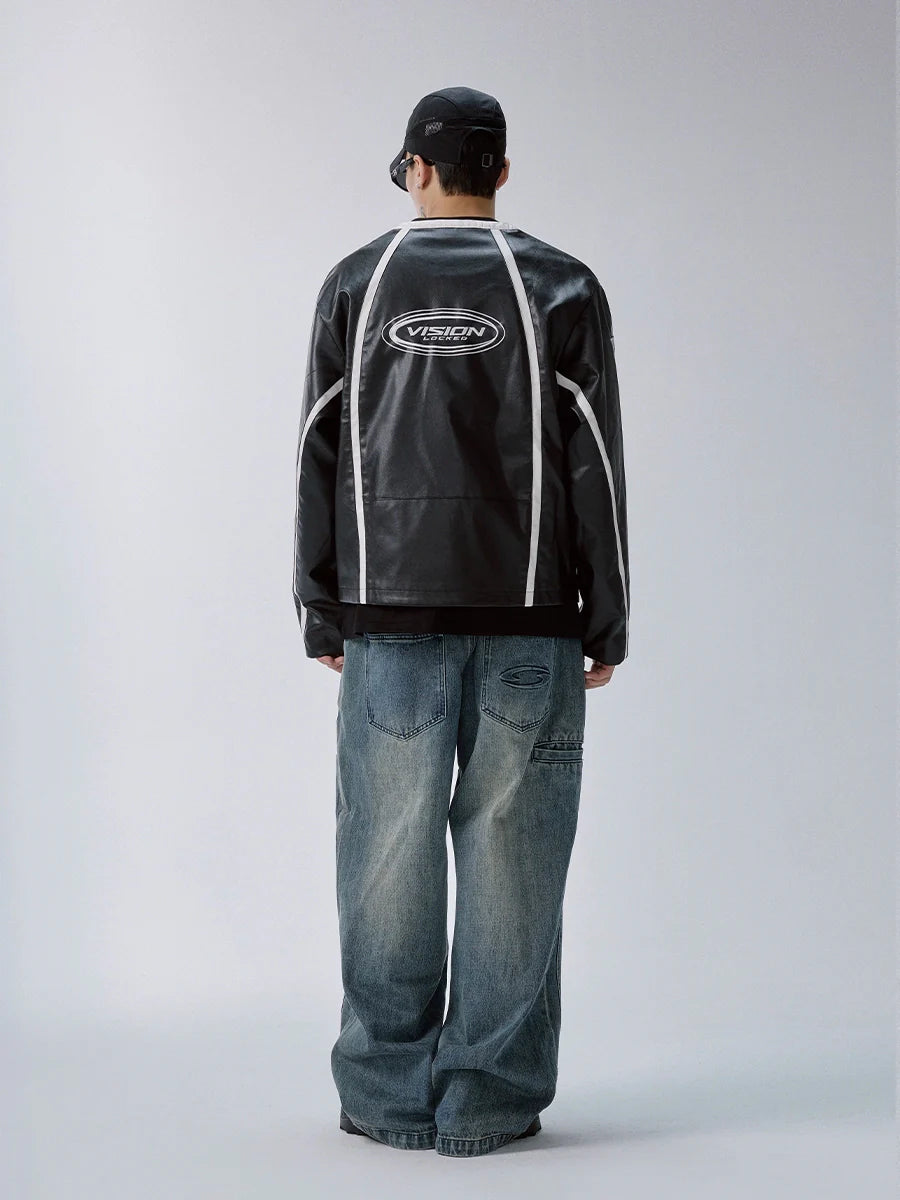 F2CE Striped Panel PU Leather Racing Jacket
