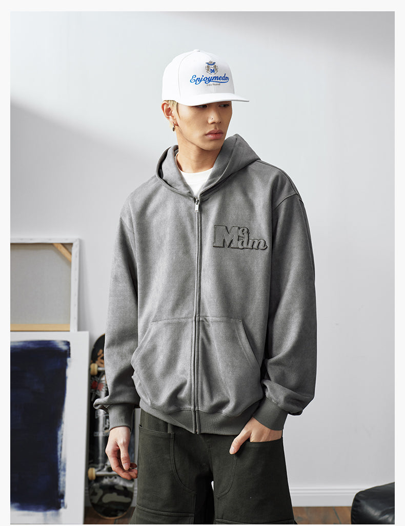 MEDM Suede Logo Patch Zip-Up Hoodie
