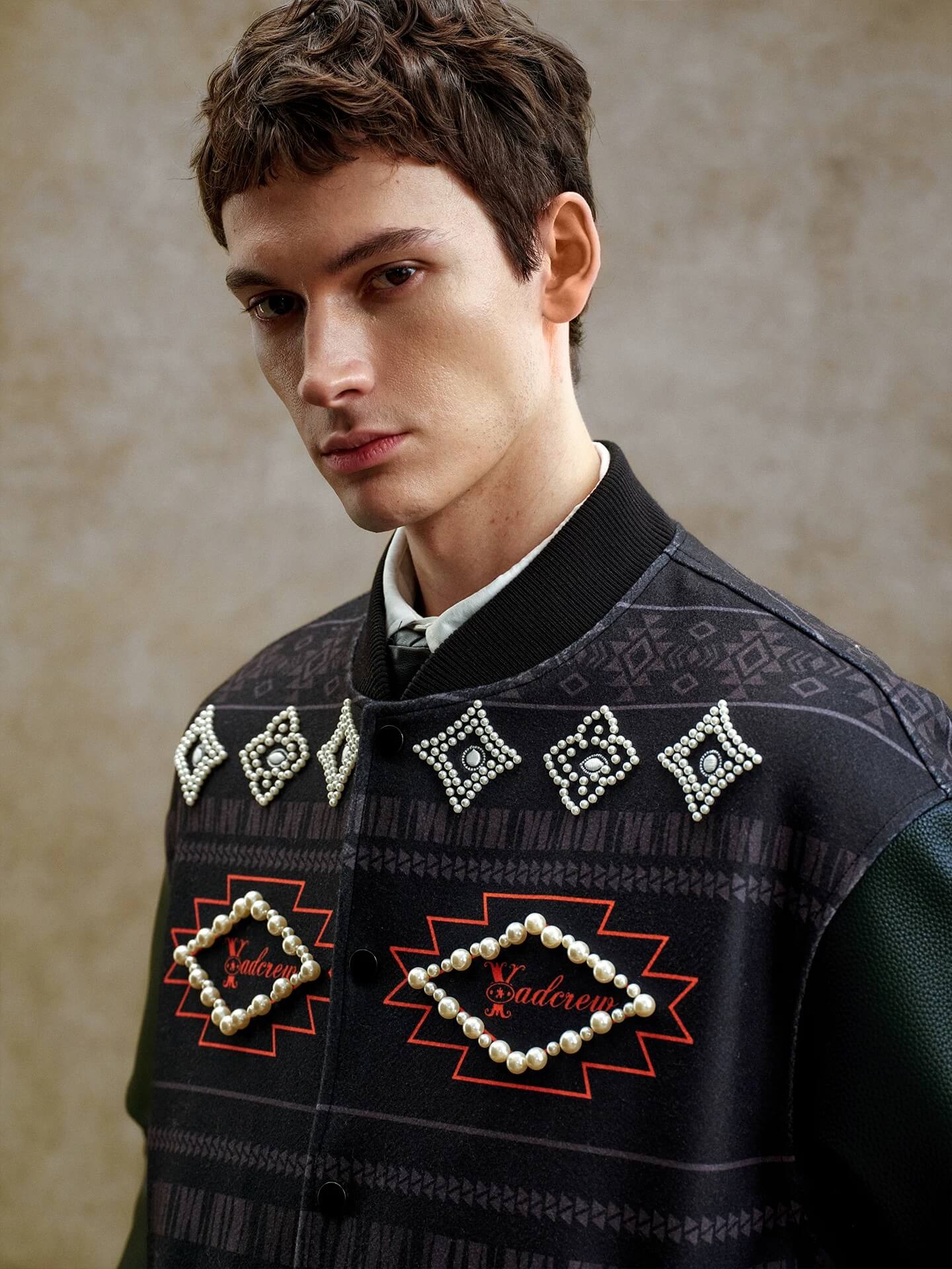 YADcrew Pearl Studded Ethnic Varsity Jacket