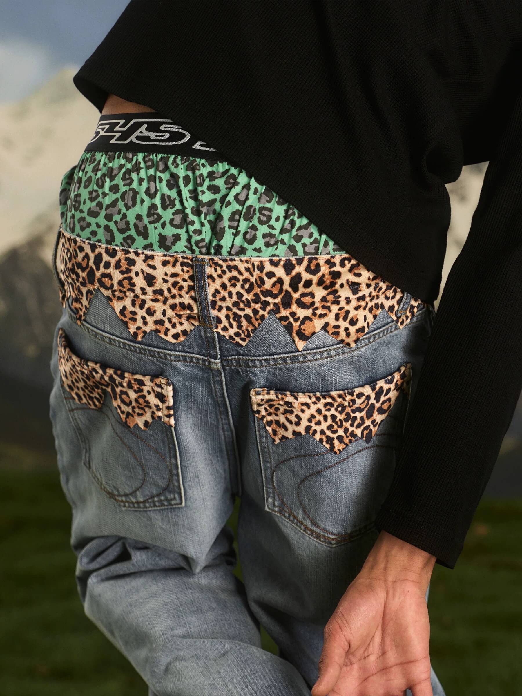 S45 Leopard Patchwork Washed Flared Jeans
