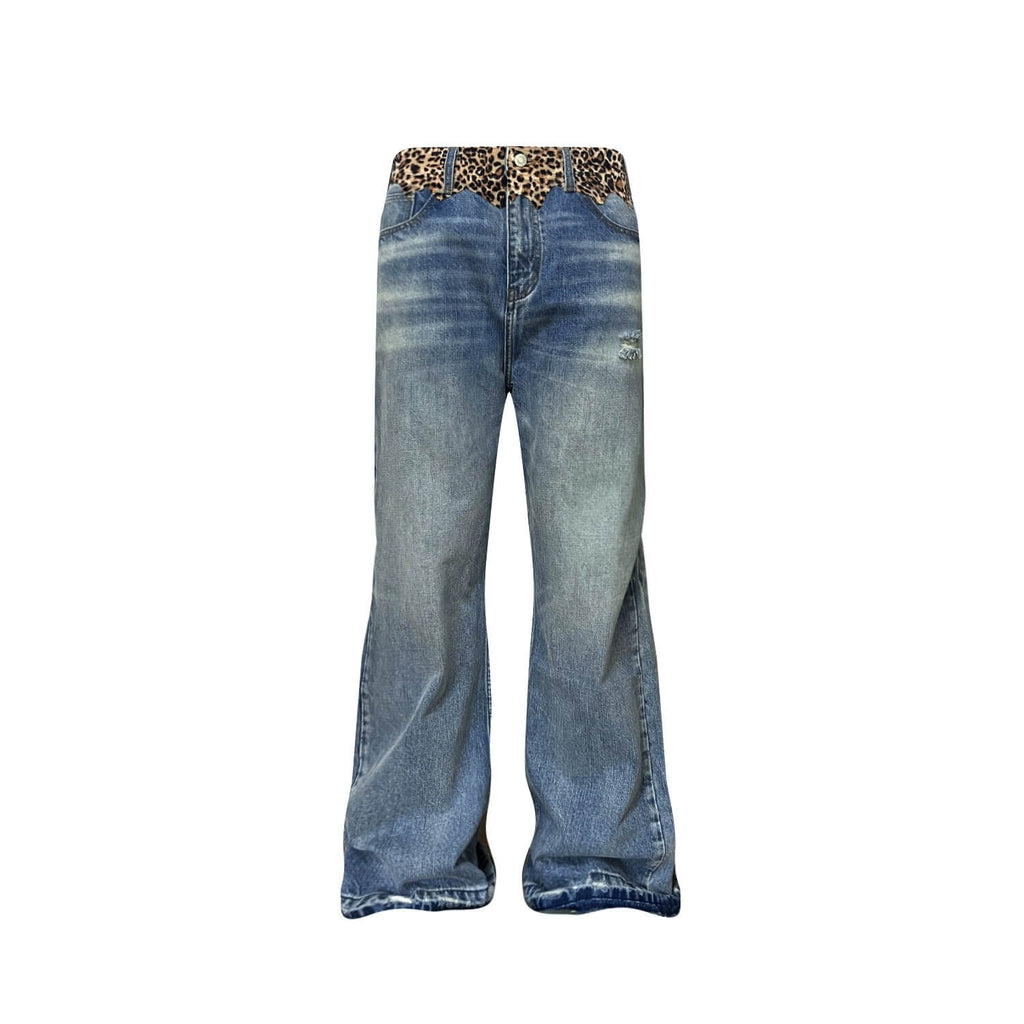 S45 Leopard Patchwork Washed Flared Jeans