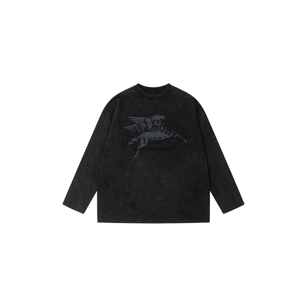 1807 Pegasus Embroidered Patch Distressed Long Sleeve Tee