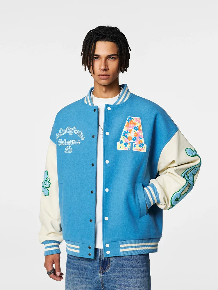 Achock Colorful Flower Logo Embroidery Varsity Jacket