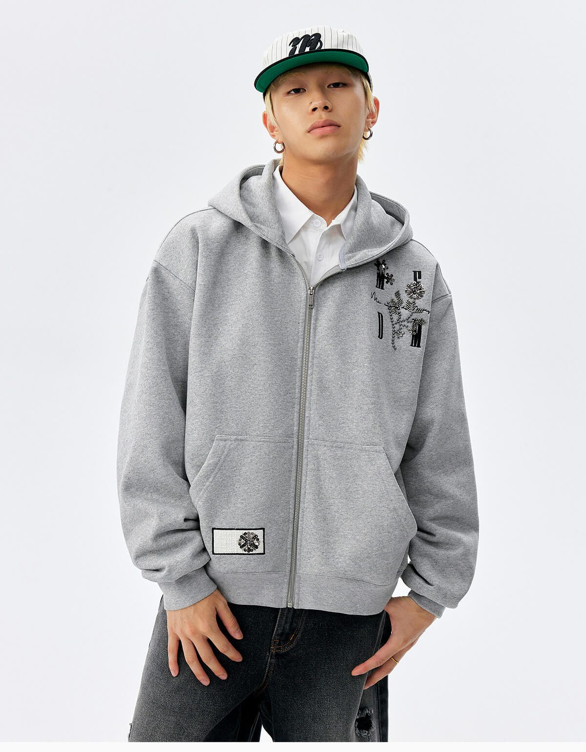 MEDM Beaded Flower Embellished Zip Up Hoodie