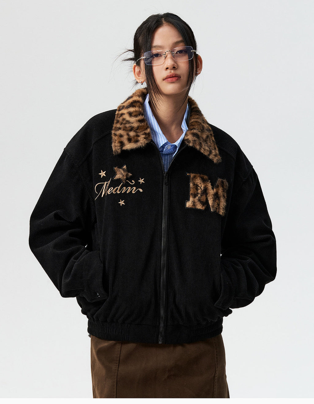 MEDM Leopard Fur Collar Corduroy Jacket