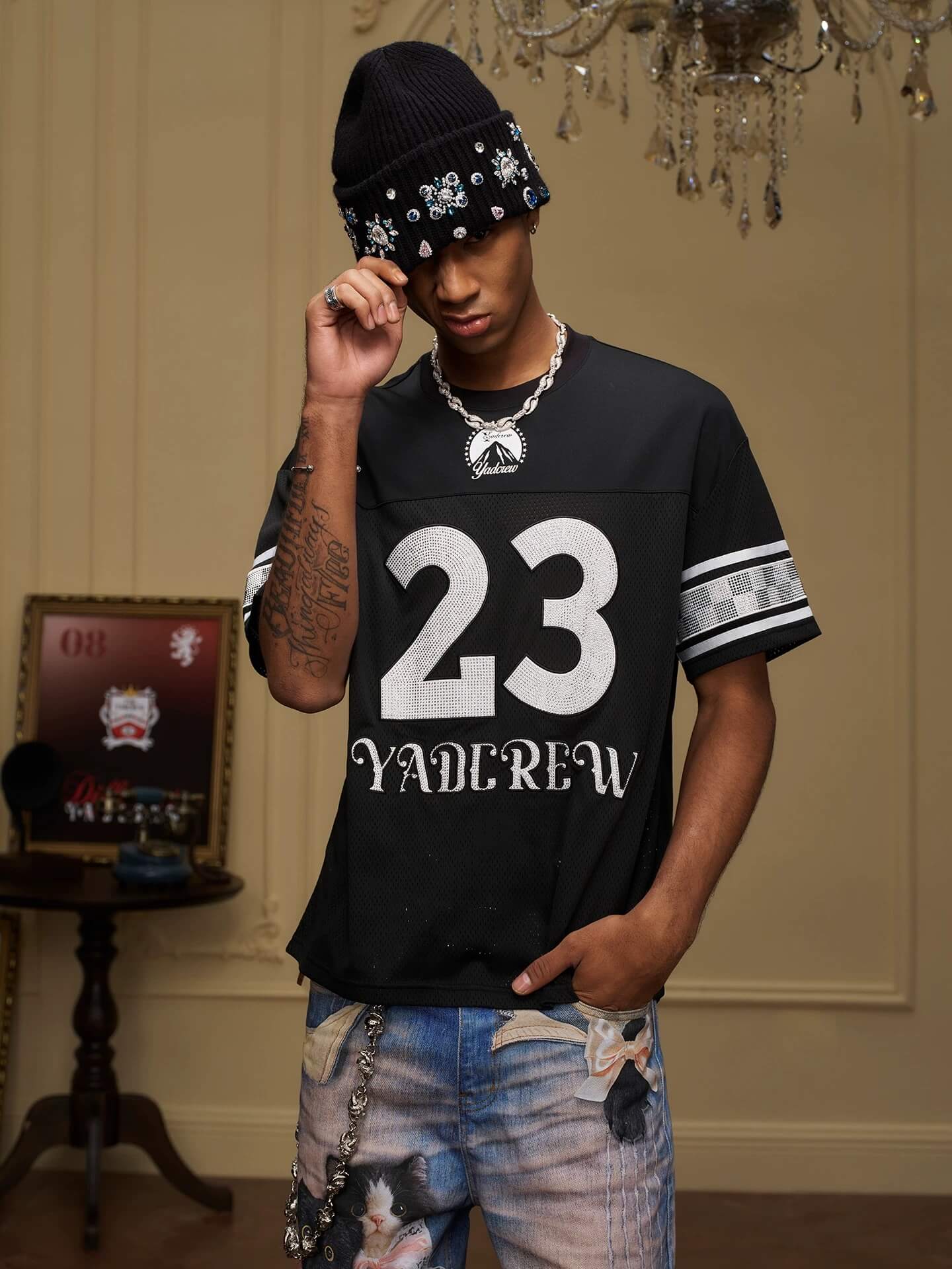 YADcrew Rhinestone Digital Checkered Numbering Mesh Tee