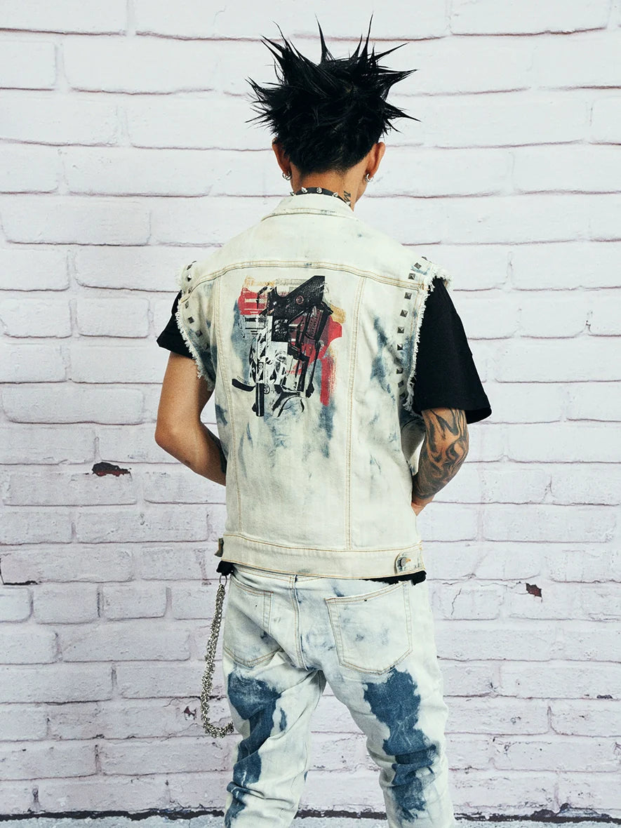 VENTUREK Bleach Wash Patch Rivet Denim Vest