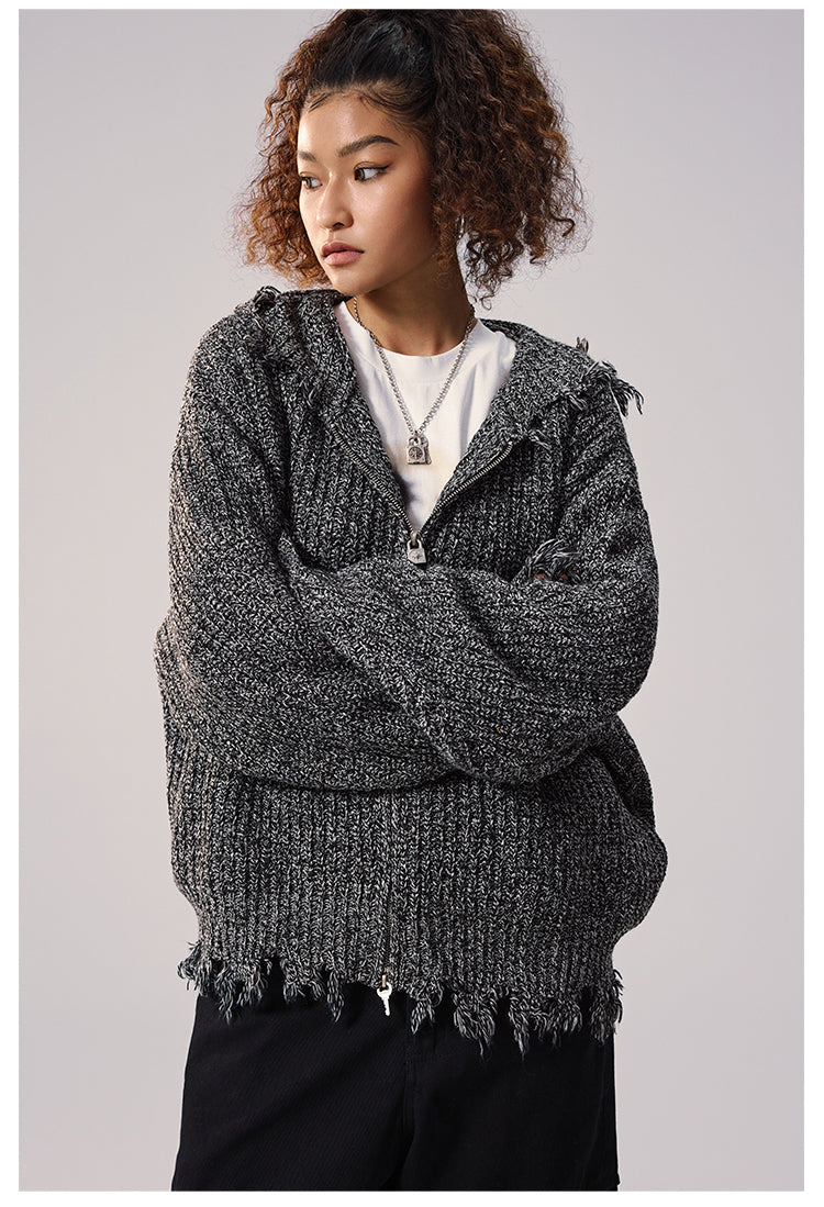 Remedy Distressed Hooded Zipper Knit Cardigan