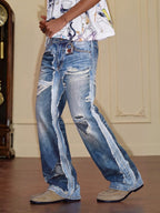 YADcrew Vintage Distressed Denim Print Loose Fit Wide Leg Jeans