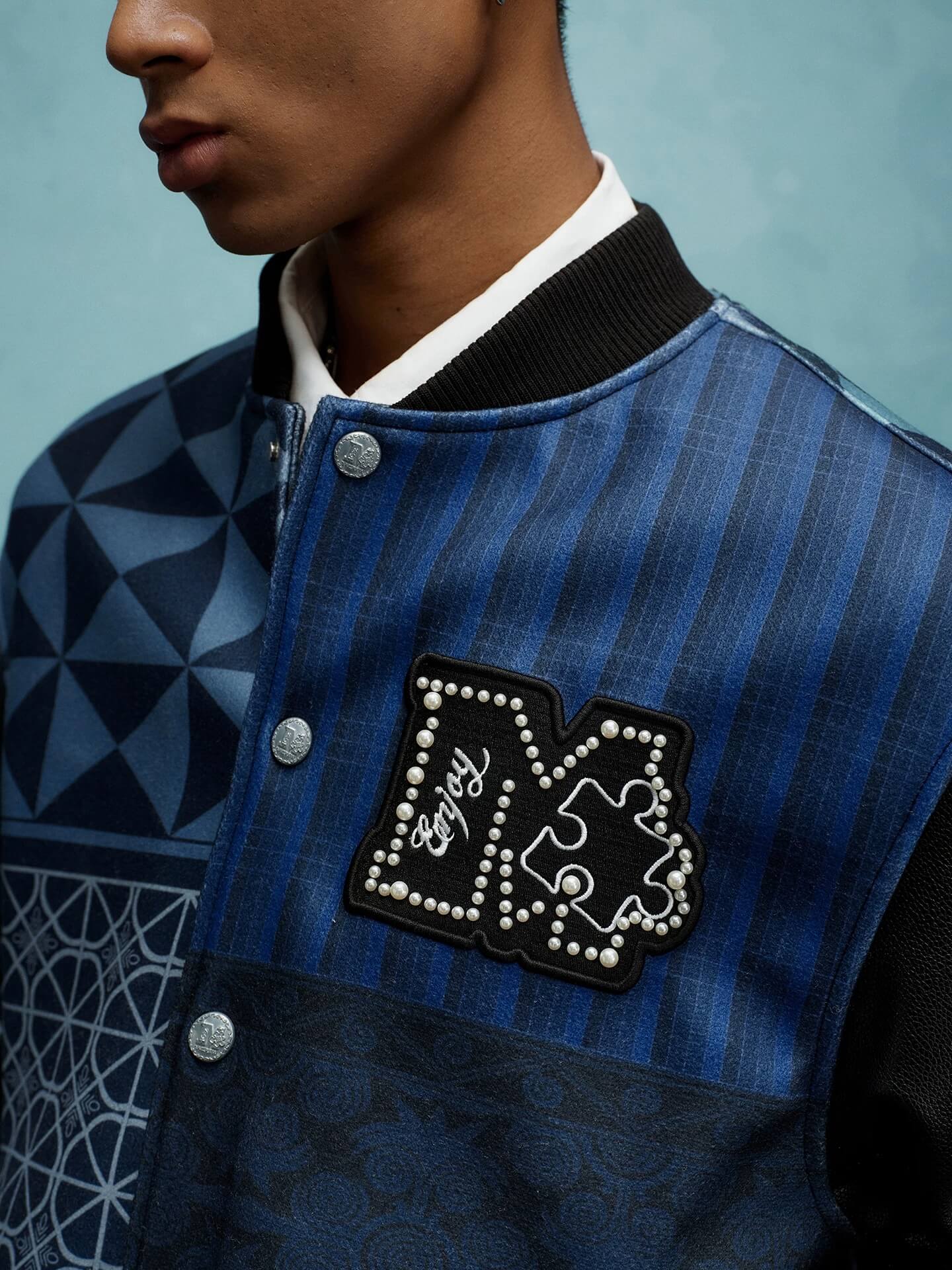 YADcrew x MEDM Patchwork Ethnic Pattern Varsity Jacket