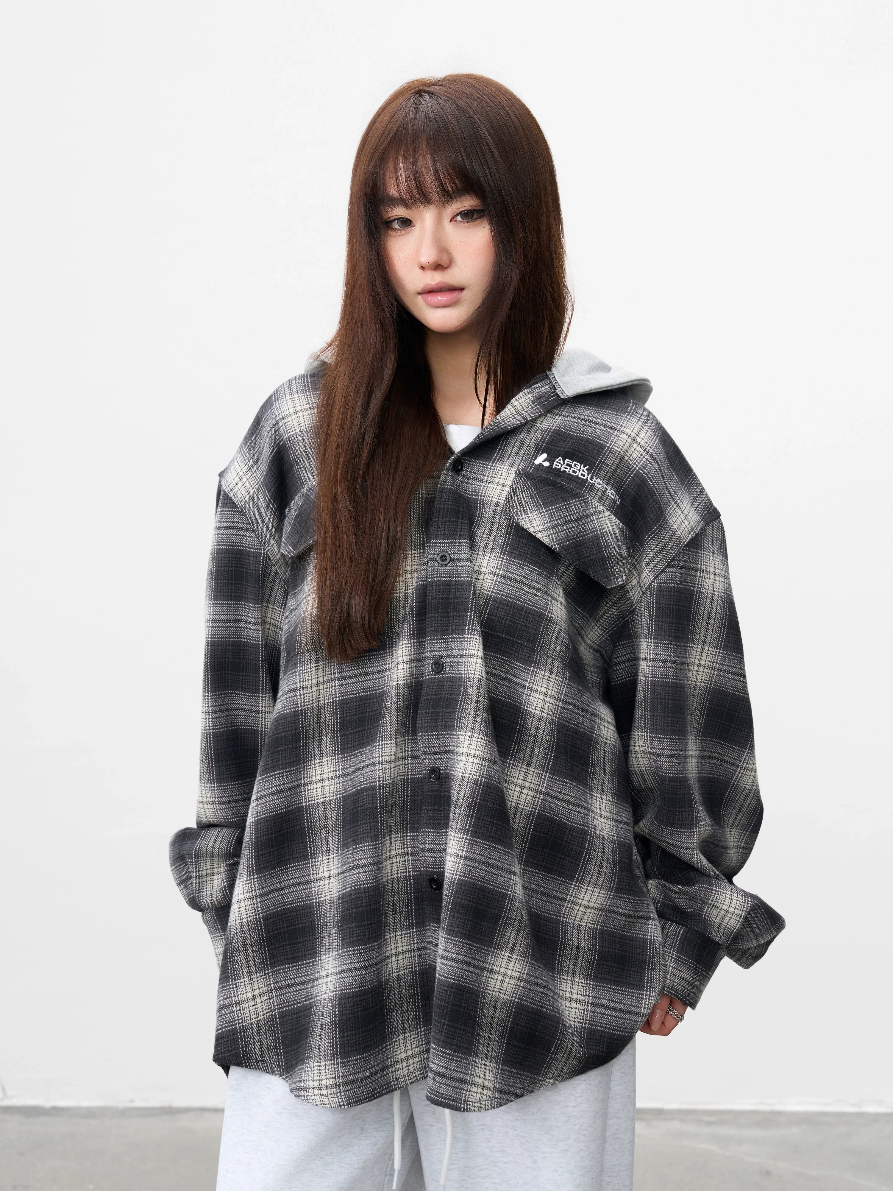 AFGK Plaid Embroidered Hooded Long Sleeve Shirt