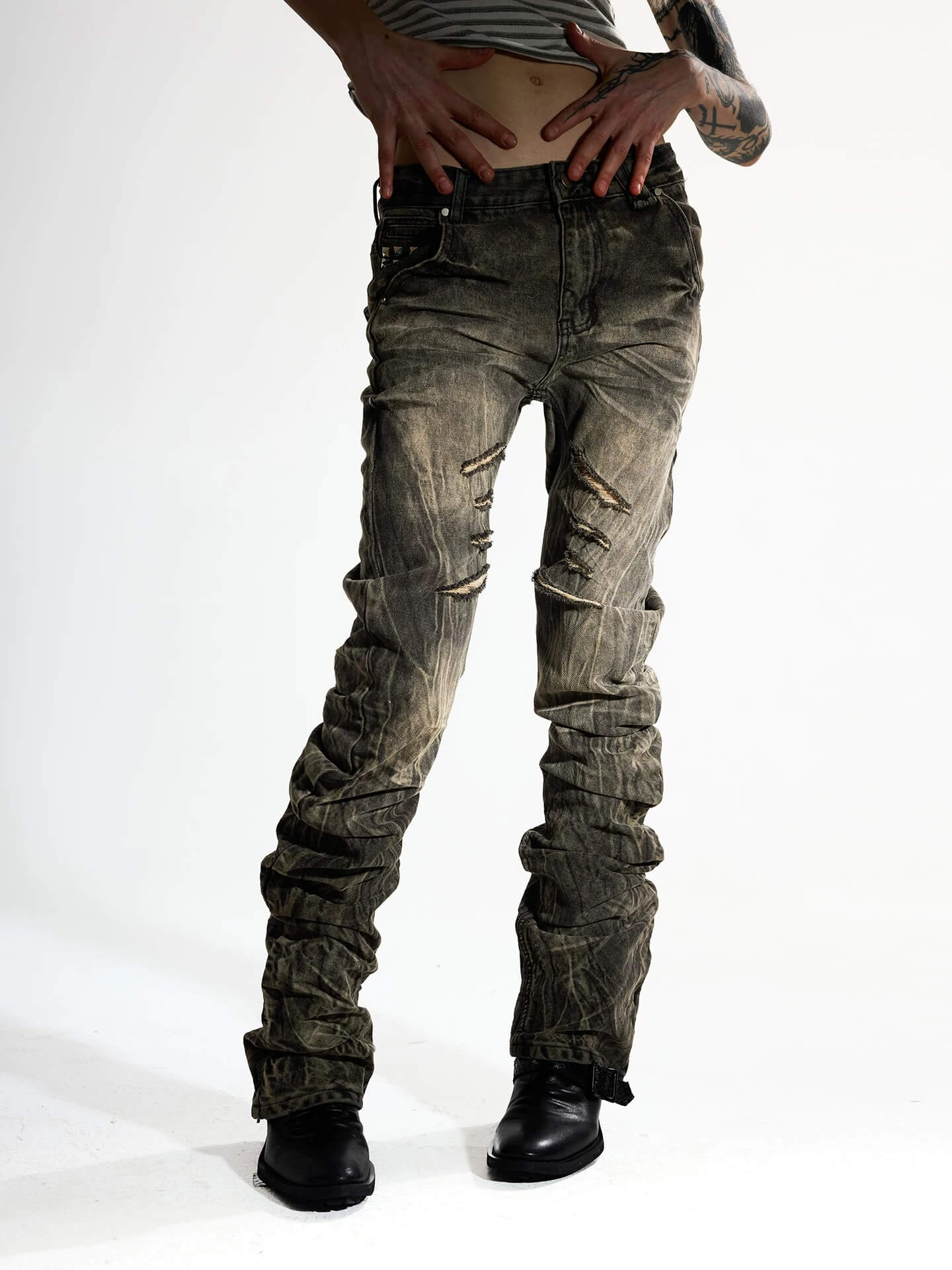 Night Lab Rock Rivet Washed Distressed Curved Slim Fit Jeans
