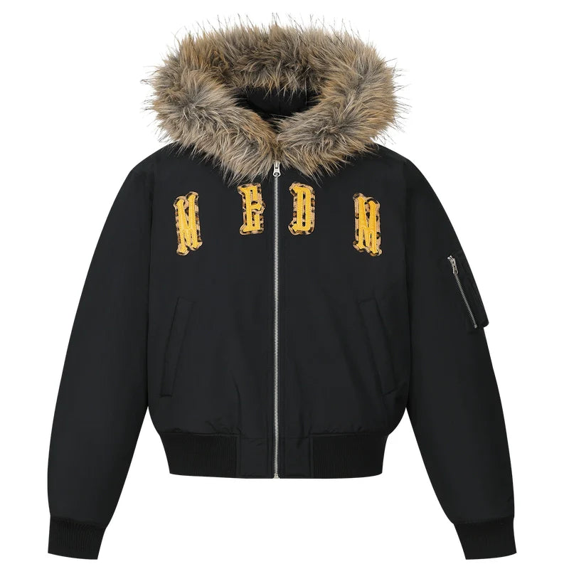 MEDM Animal Logo Patch Fur Hooded Bomber Jacket