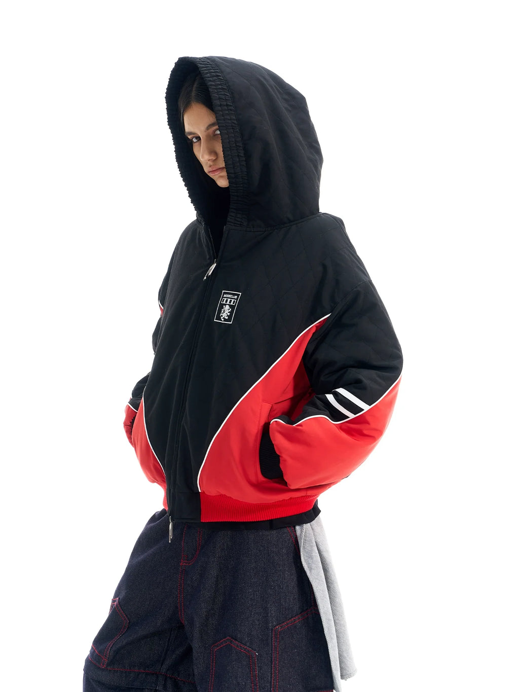 BLIND NO PLAN Quilted Color Block Hooded Bomber Jacket