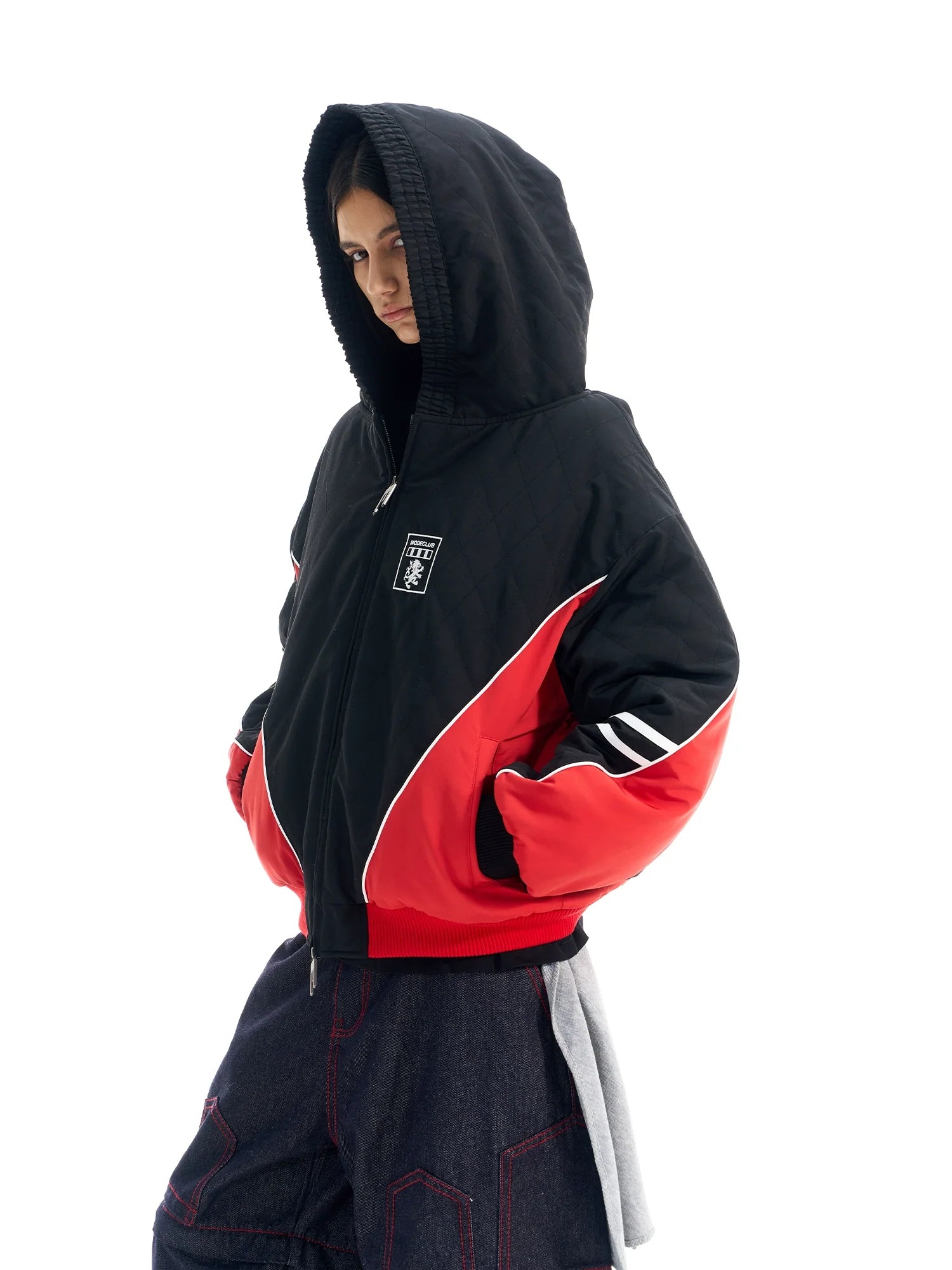 BLIND NO PLAN Quilted Color Block Hooded Bomber Jacket