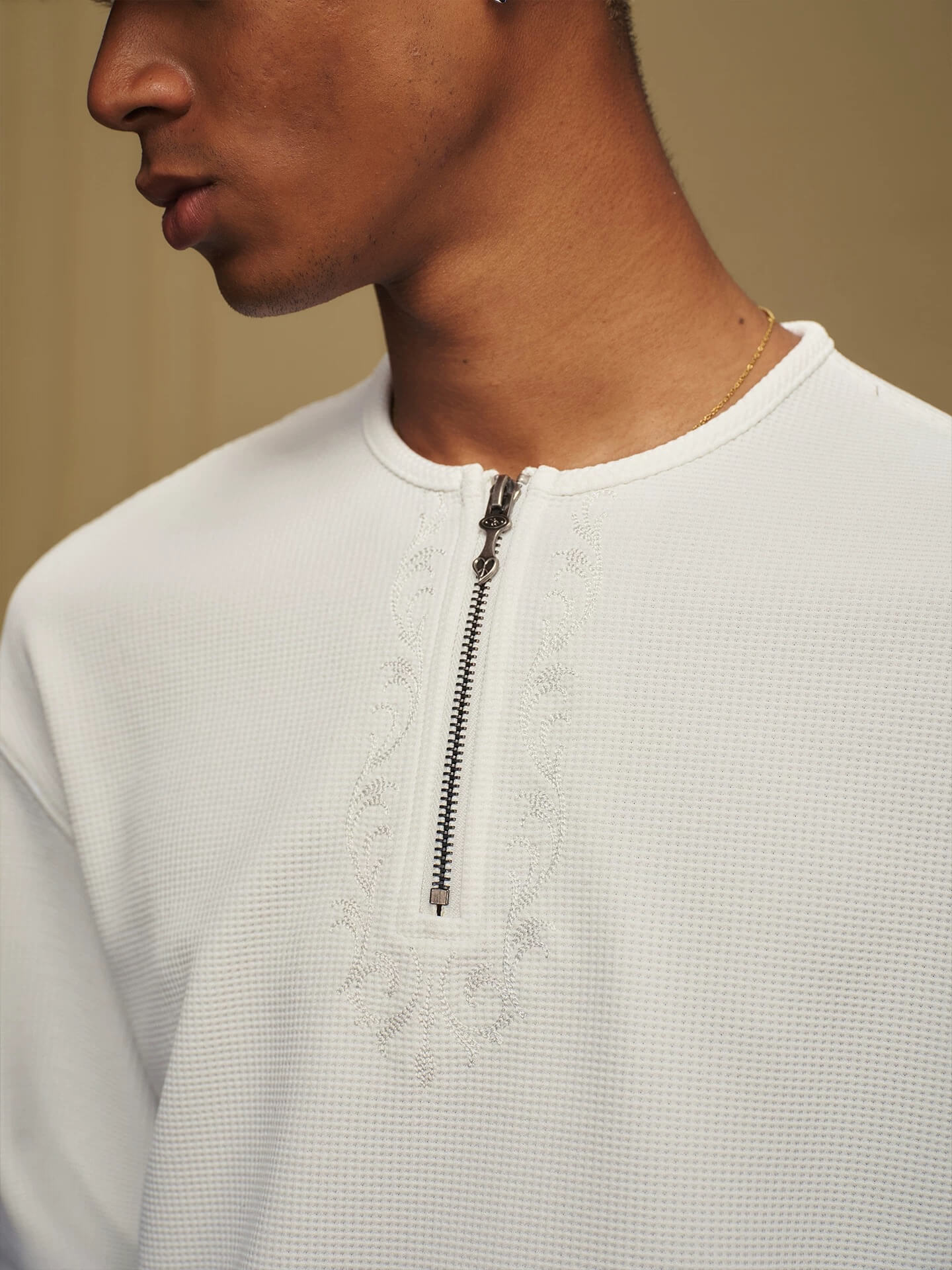 YADcrew Baroque Embroidered Half Zip Waffle Thermal Long Sleeve Tee
