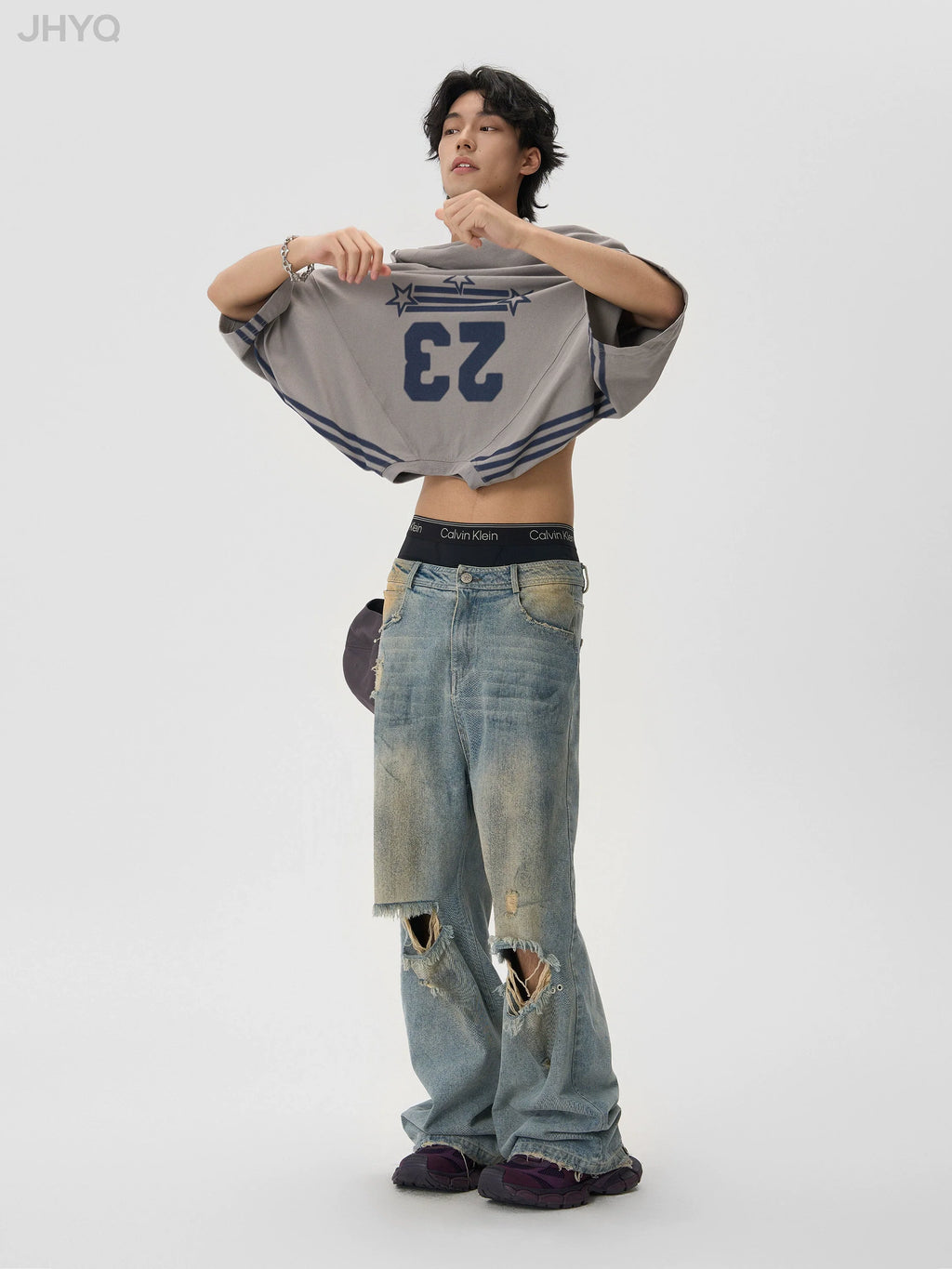 JHYQ Striped Shoulder Logo Printing Tee