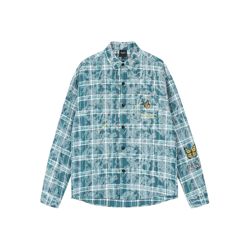 Achock Washed Plaid Butterfly Embroidery Long Sleeved Shirt