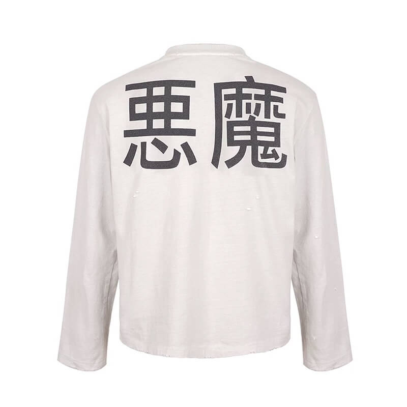 UNDERWATER White Demon Print Distressed Long Sleeve Tee