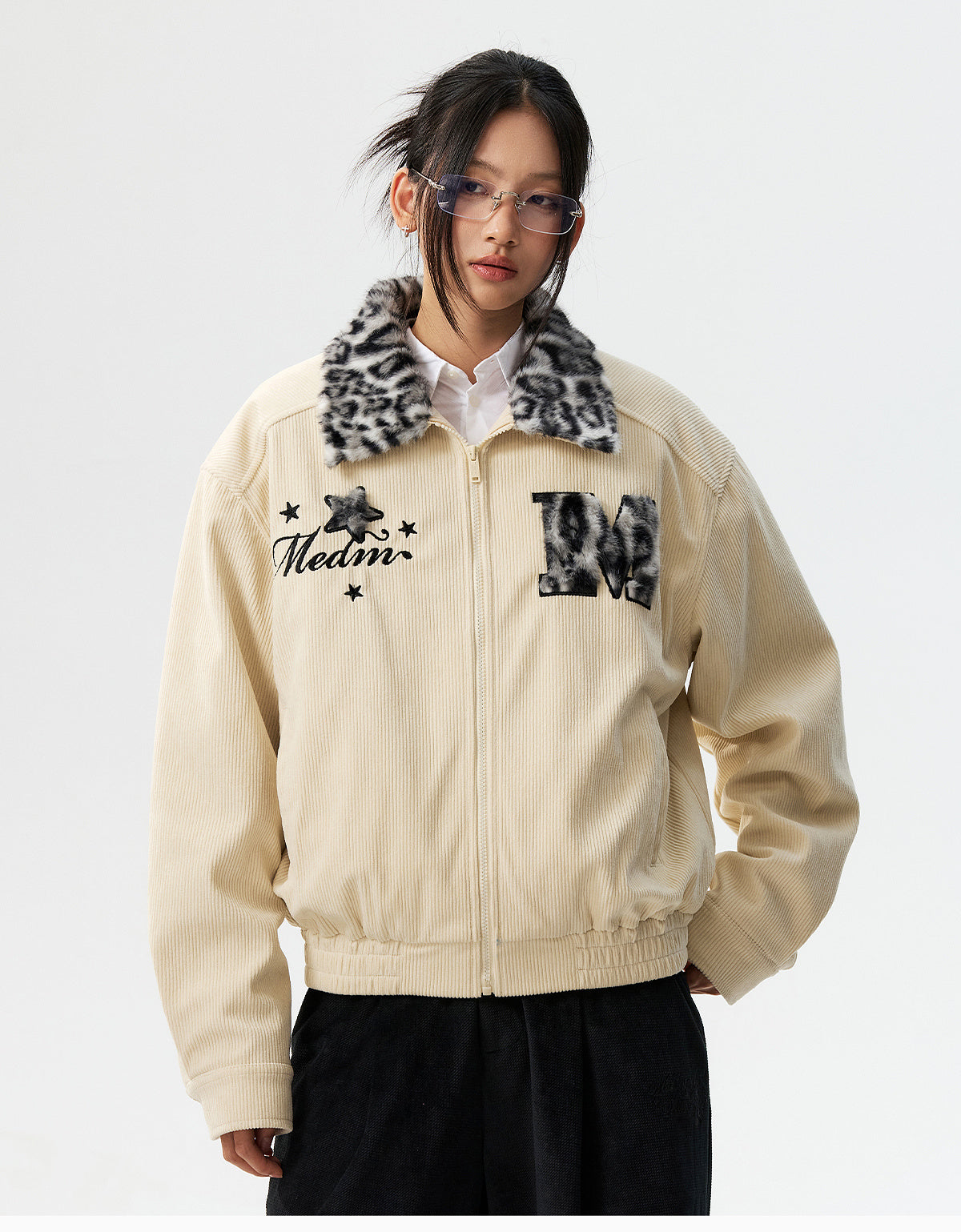 MEDM Leopard Fur Collar Corduroy Jacket