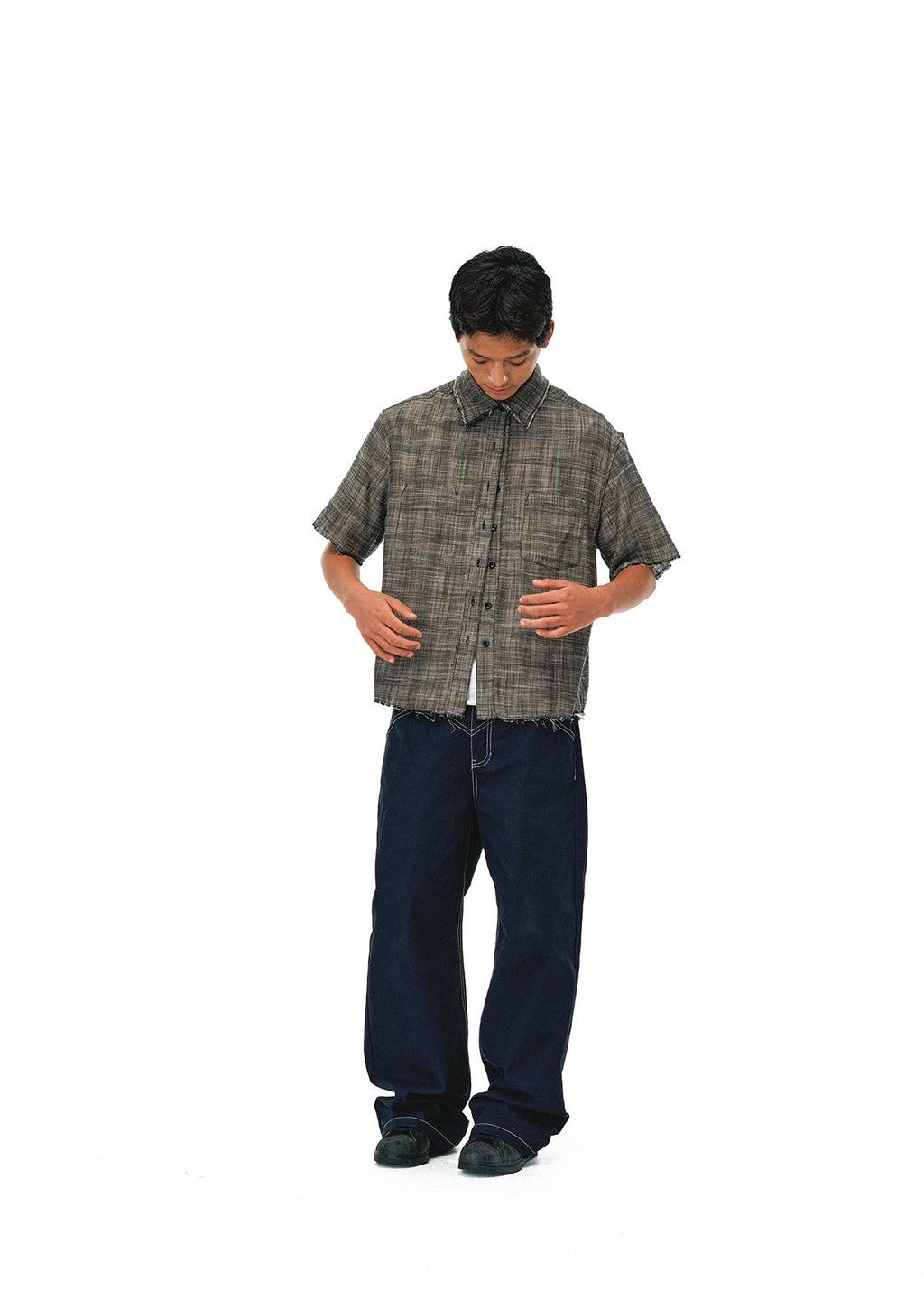 EVILKNIGHT(EK) Striped Plaid Reversible Short Sleeve Shirt