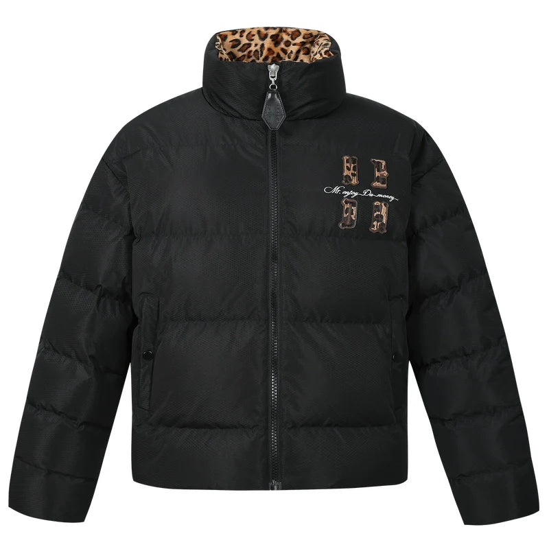 MEDM Leopard Collar Logo Patch Down Jacket