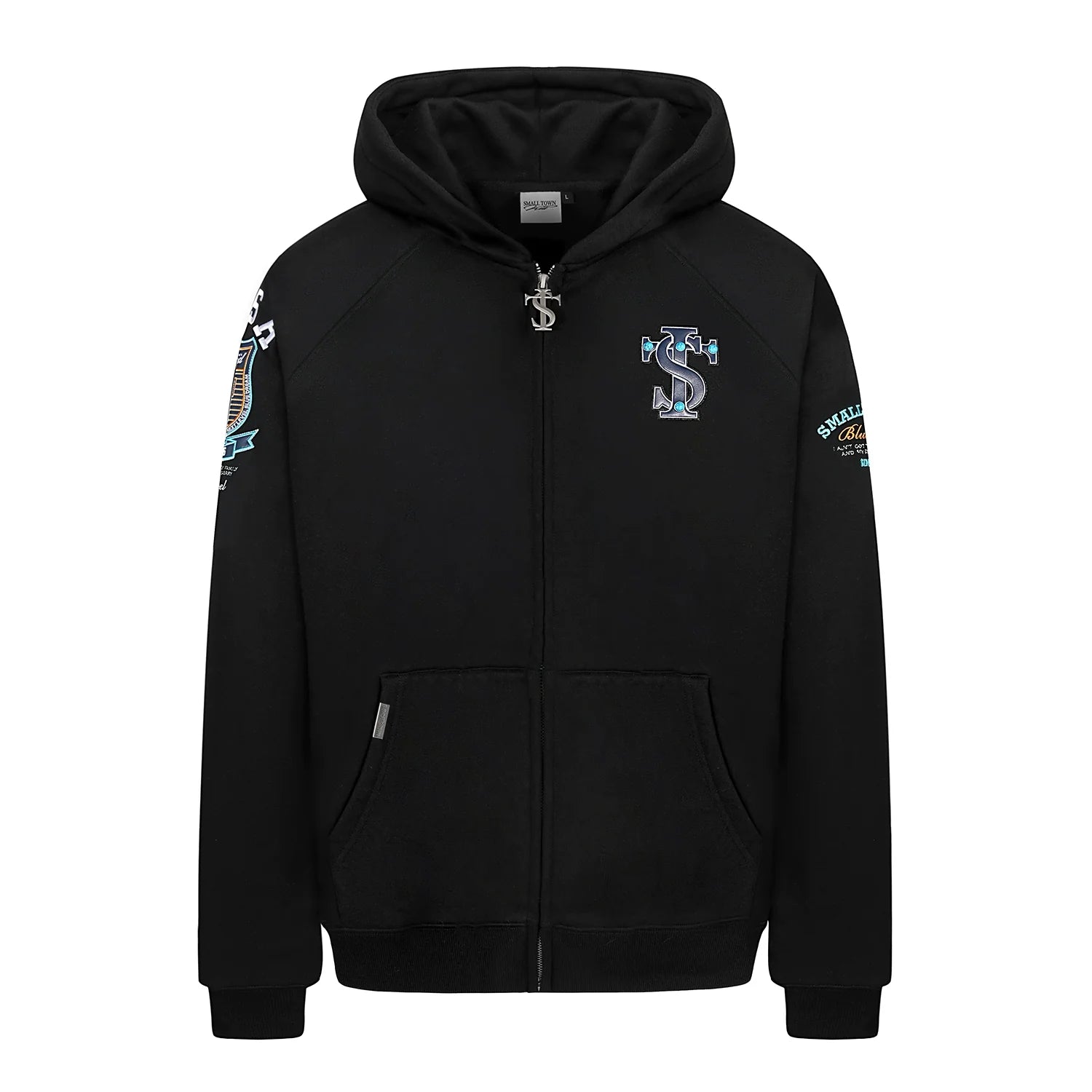 Small Town Kid Turquoise Studded Badge Embroidered Zip-Up Hoodie