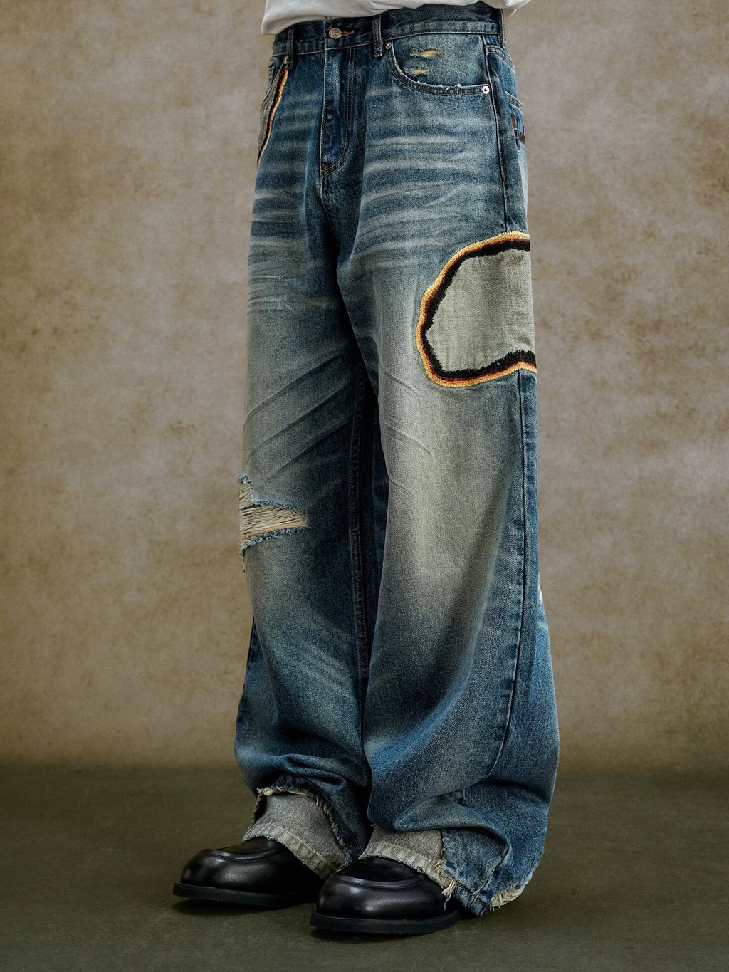 YADcrew Scorched Embroidery Washed Distressed Whisker Jeans
