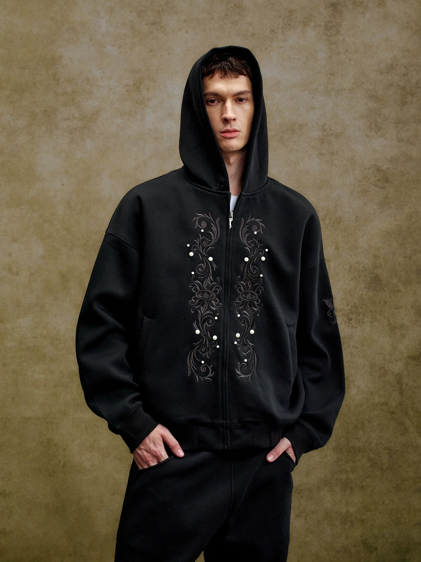 YADcrew Pearl Embroidery Zip Up Hoodie