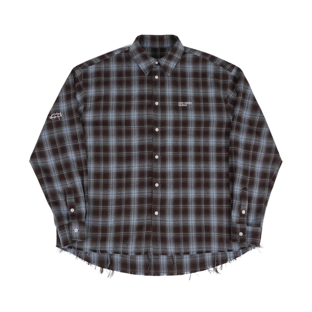UNDERWATER Blue Brushed Plaid Raw Hem Long Sleeve Flannel Shirt