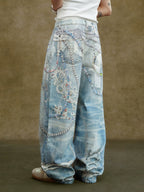 YADcrew Lace Color Bead Chain Photorealistic Print Jeans