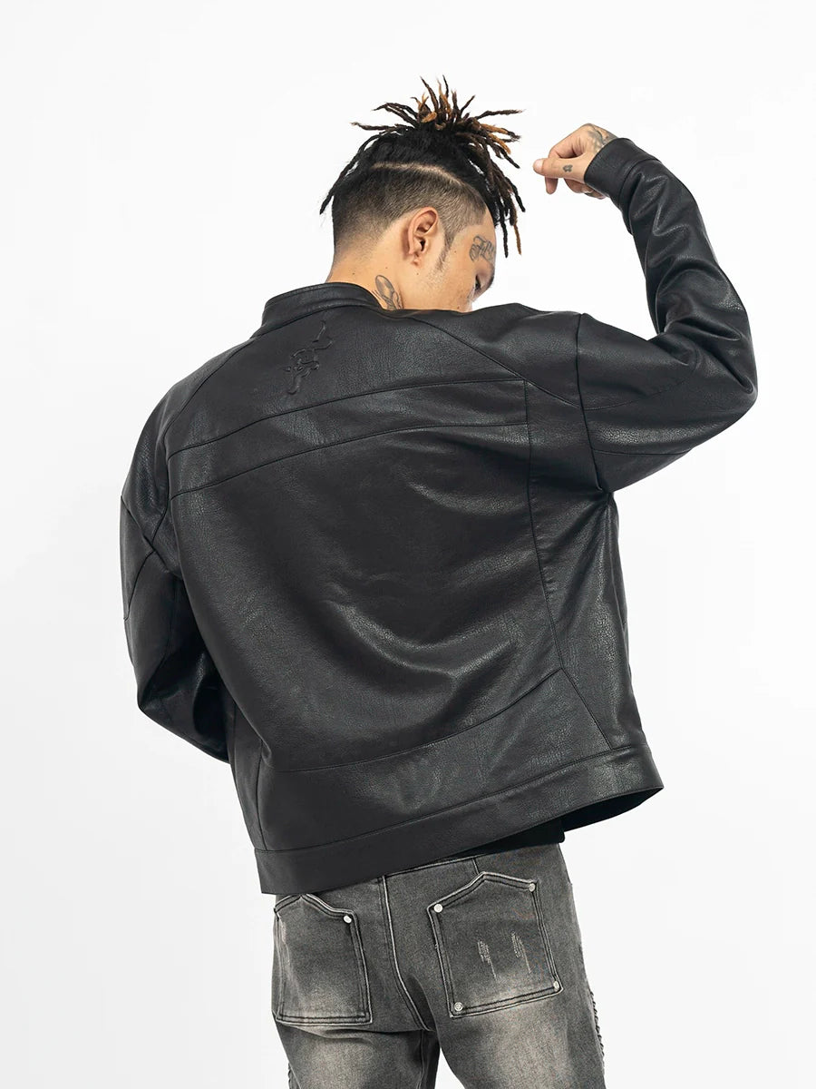 TGFCLUB Logo Embroidered Racing Leather Jacket