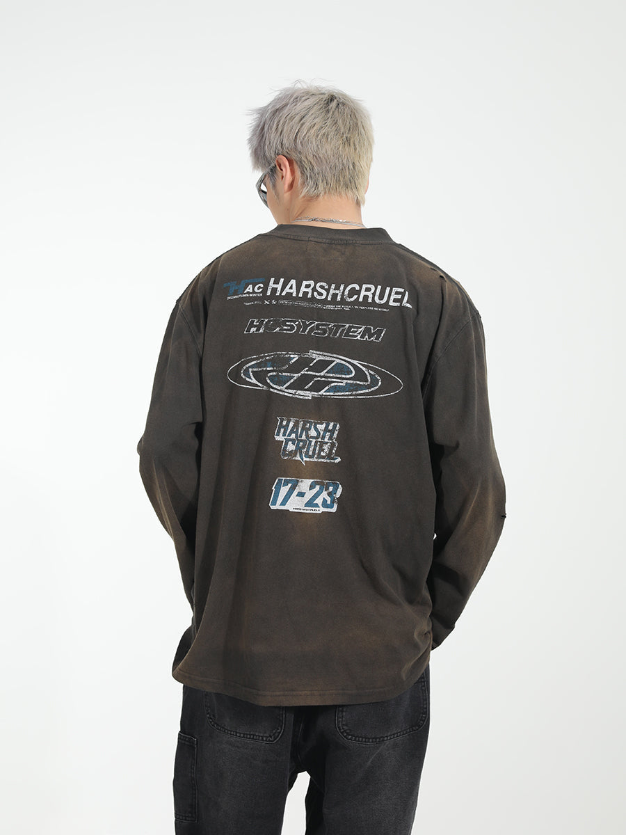 Harsh and Cruel Washed Destroyed Typography Printed Long Sleeve Tee