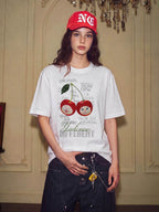 YADcrew Cherry Cat Print Bead and Rhinestone Tee