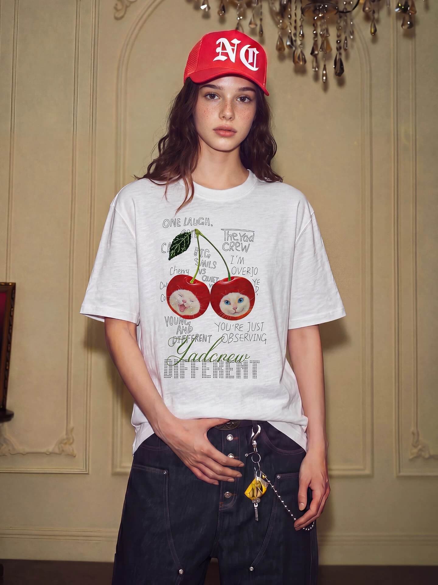 YADcrew Cherry Cat Print Bead and Rhinestone Tee