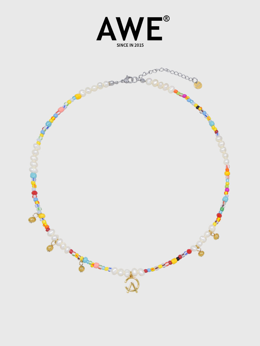 AWE AE Word Charm Color Beaded Pearl Necklace