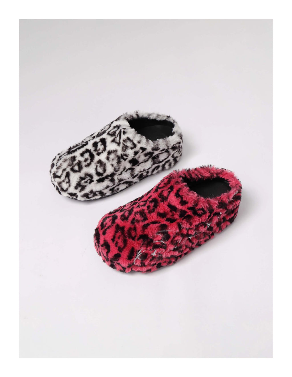 KARMANISTIC Rose White Leopard Fur Embroidered Slipper Clogs