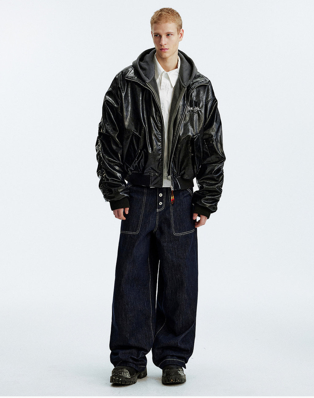MEDM Layered Hood PU Leather Bomber Jacket