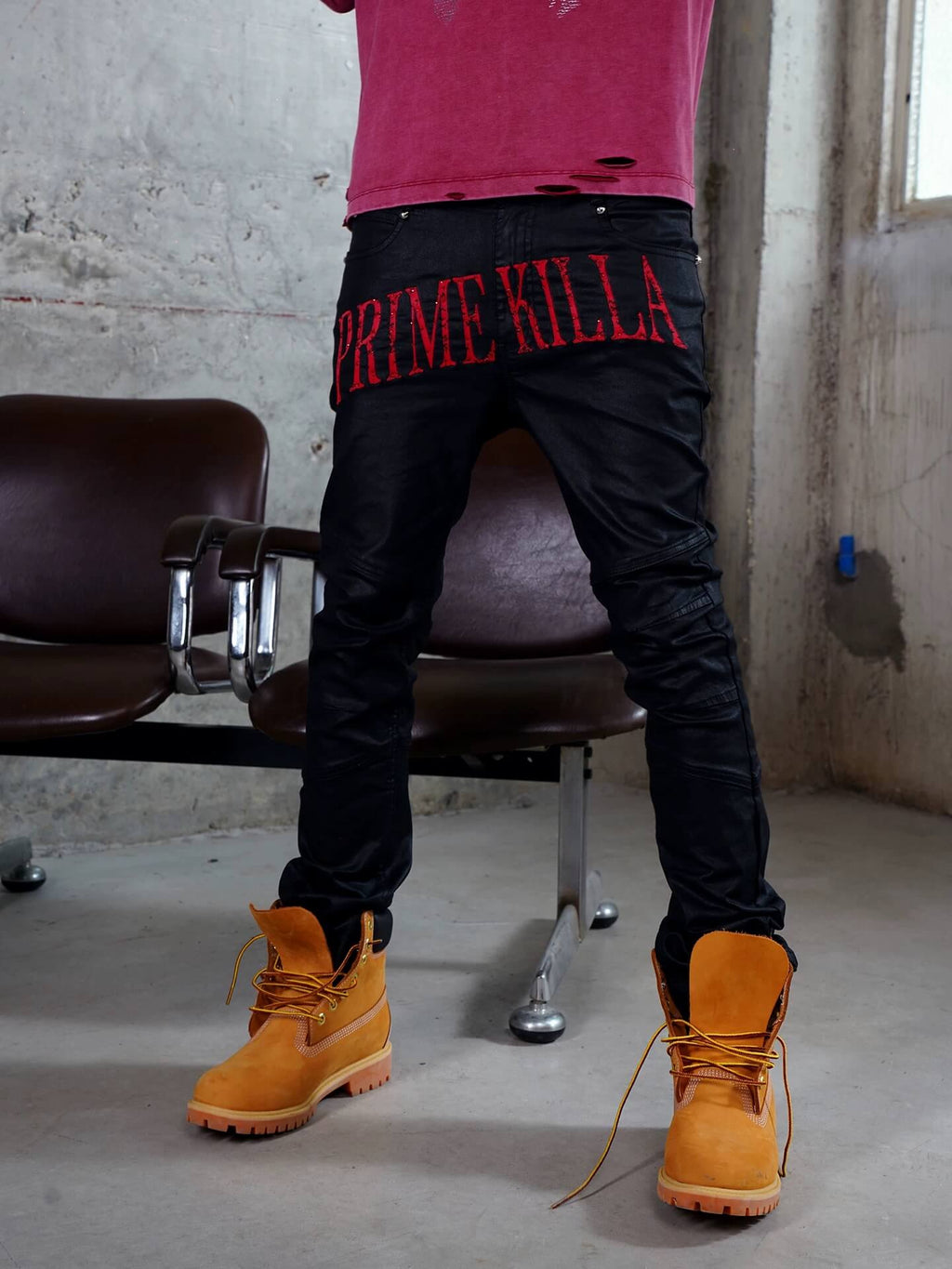 TGFCLUB PRIME KILLA Print Rhinestone Waxed Slim Fit Skinny Jeans