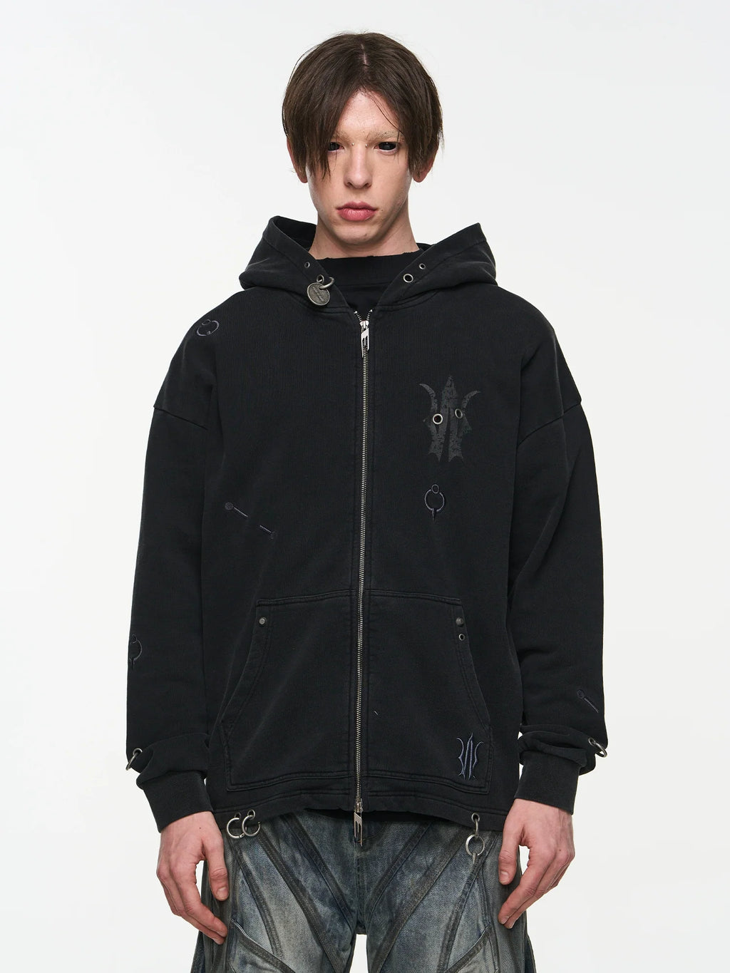 BLIND NO PLAN Washed Print Metal Detail Zip-Up Hoodie