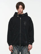 BLIND NO PLAN Washed Print Metal Detail Zip-Up Hoodie