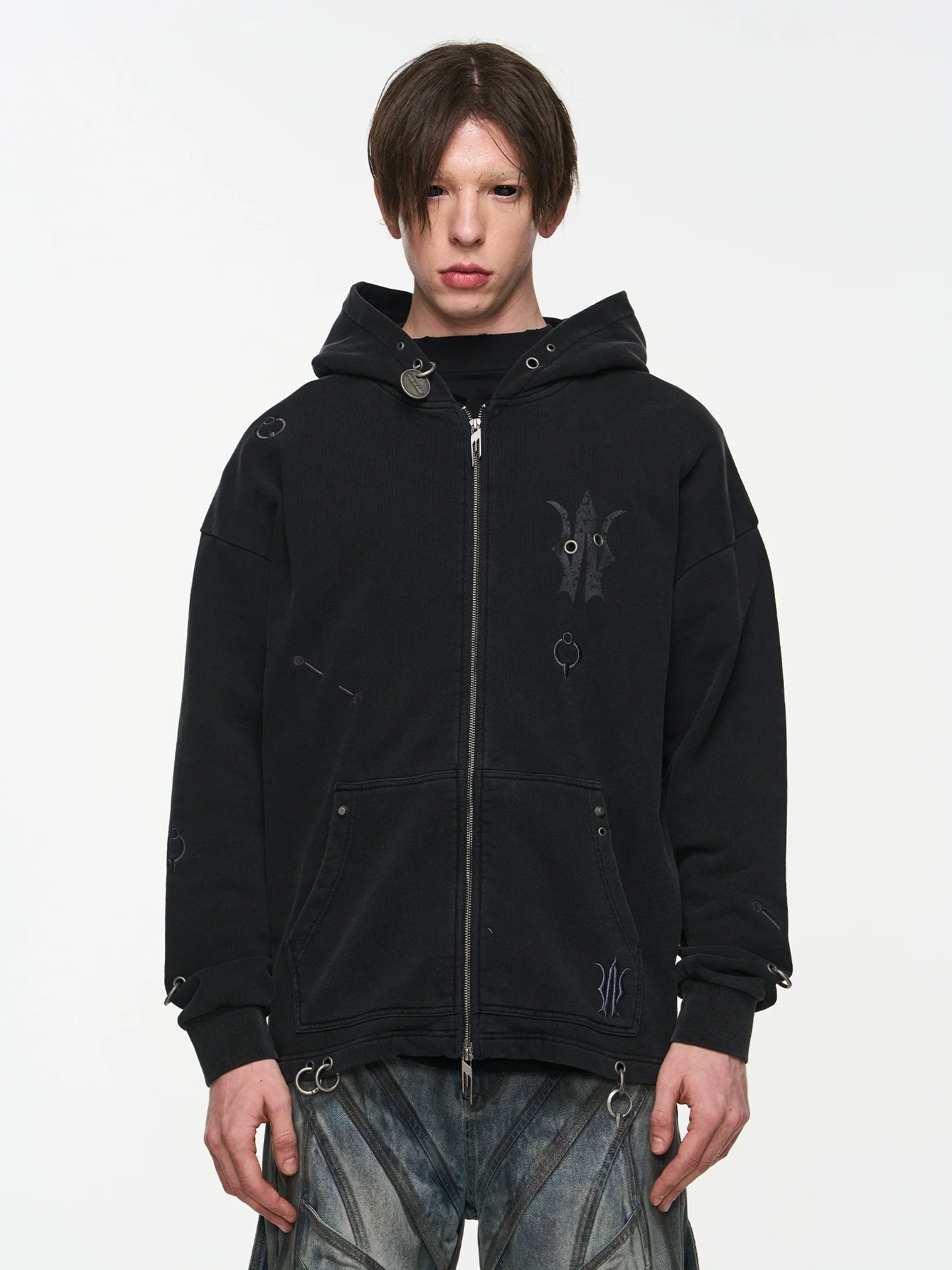 BLIND NO PLAN Washed Print Metal Detail Zip-Up Hoodie