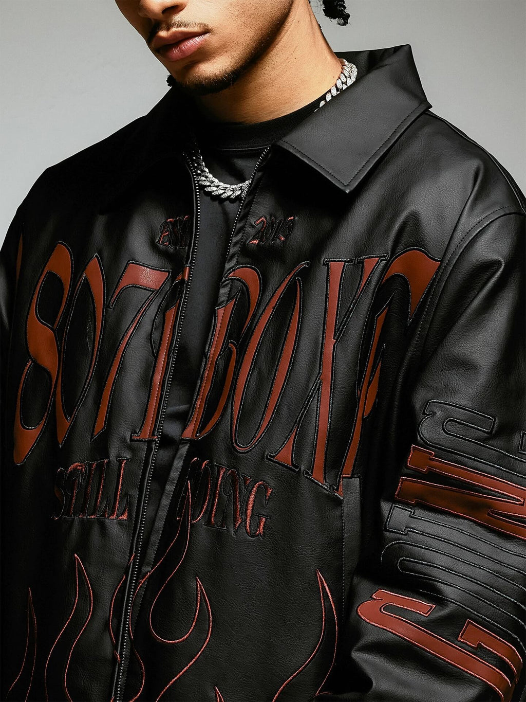 1807 Embroidered Patch PU Leather Racing Jacket