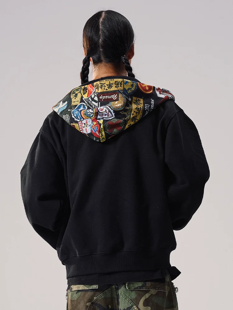 Remedy Badge Print Hood Zip Up Hoodie