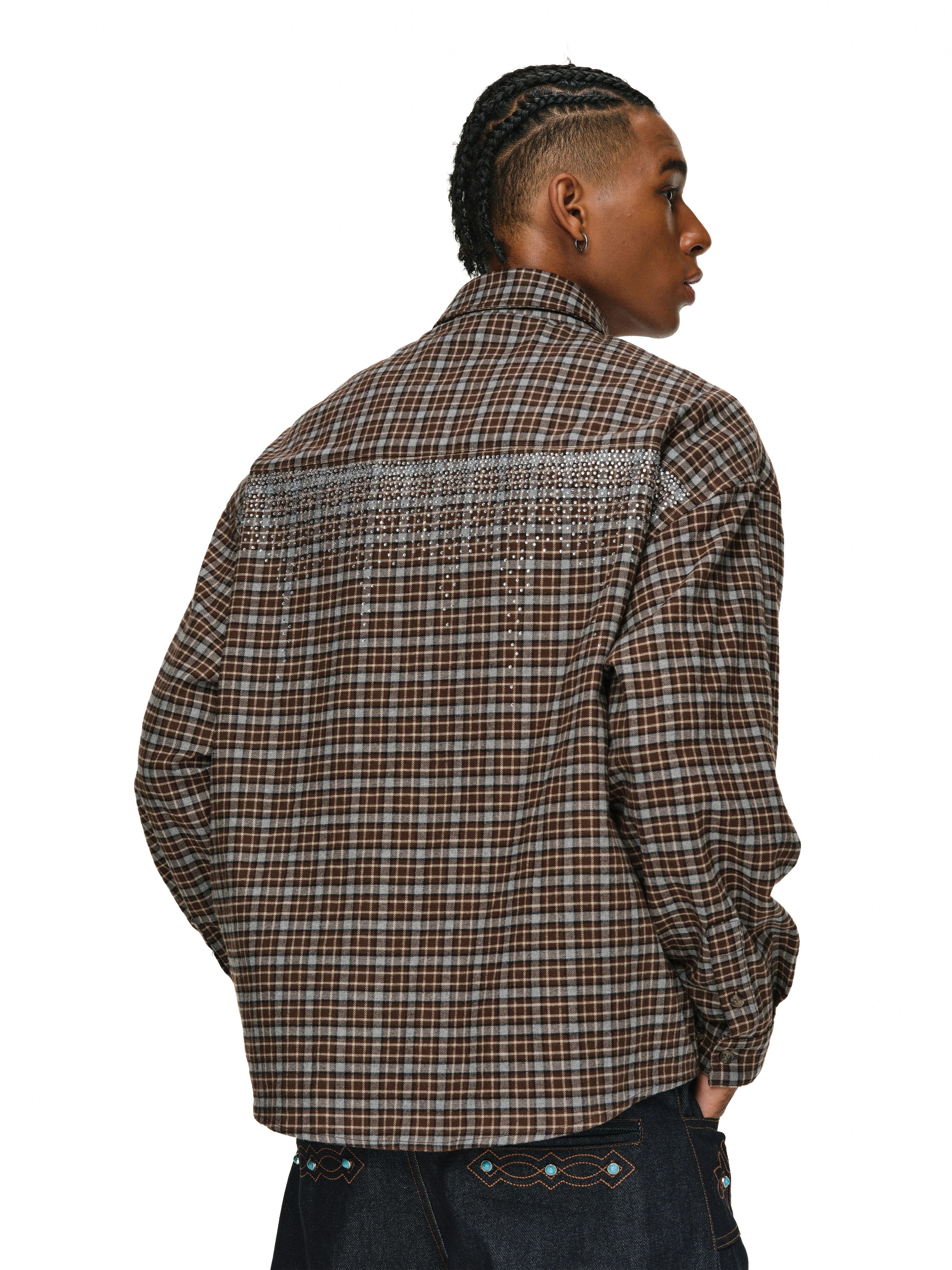 ANTIDOTE Rhinestone Flannel Plaid Long Sleeve Shirt